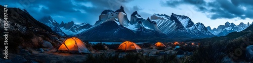 Wide shot of a serene camping site along the W Trek. with tents glowing softly under the towering peaks of Torres del Paine. in 4K resolution photo