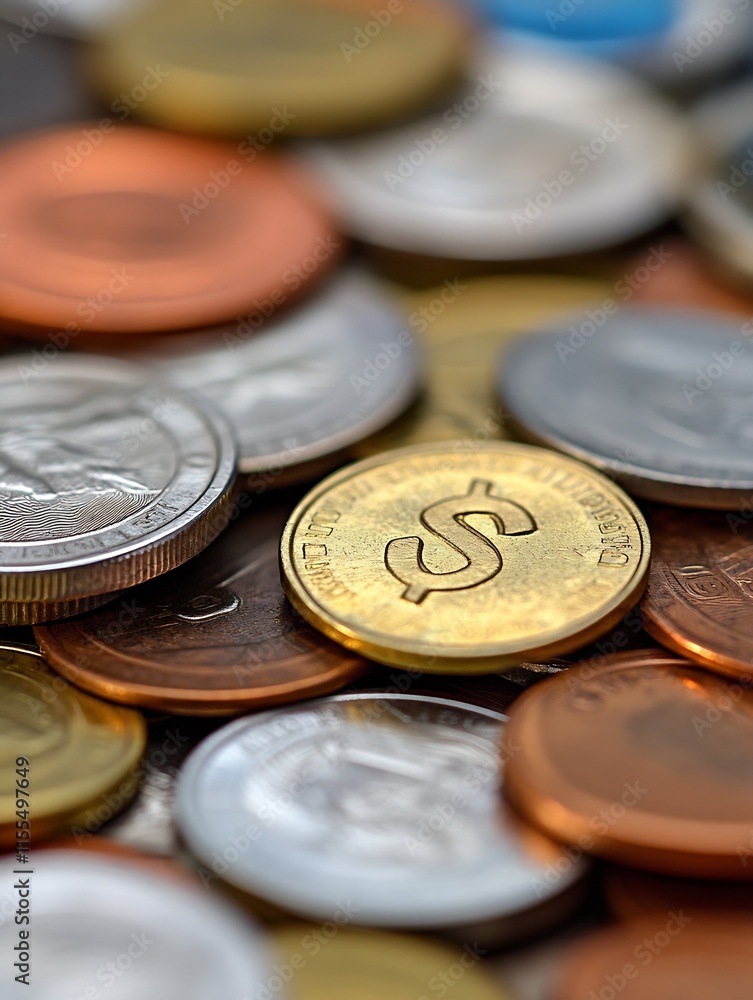 Closeup of Mixed Foreign Coins with Golden Dollar Symbol for International Finance : Generative AI Closeup of Mixed Foreign Coins with Golden Dollar Symbol for International Finance : Generative AI