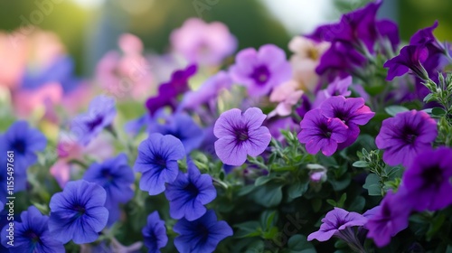 Vibrant Purple and Pink Petunias in Bloom for Lush Garden Designs : Generative AI