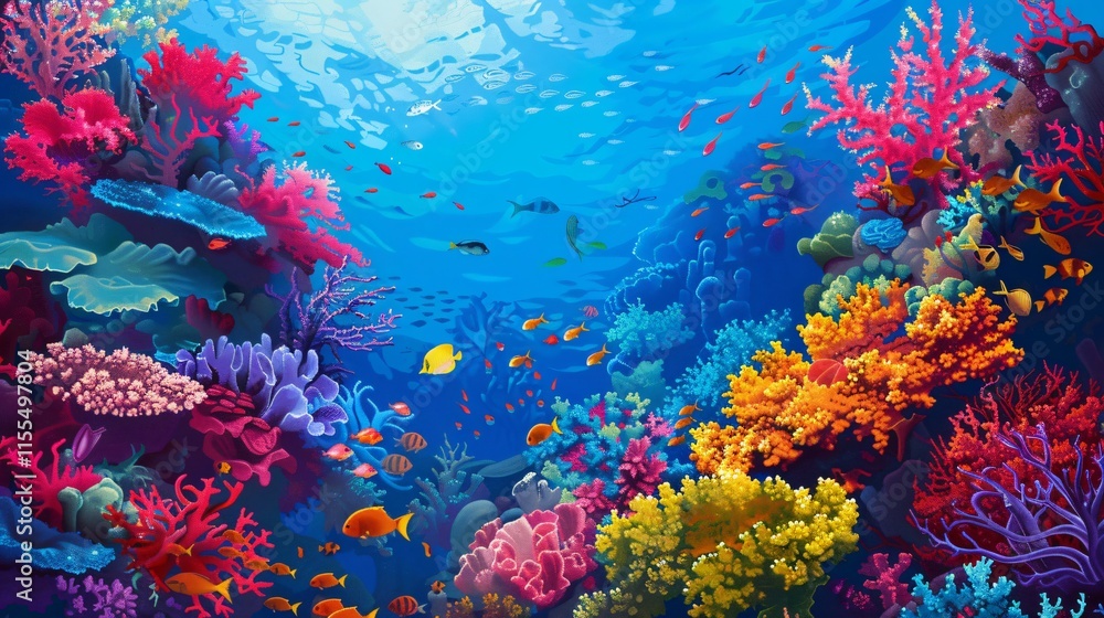 Fototapeta premium A Colorful Coral Reef with Vibrant Fishes in Crystal Clear Water