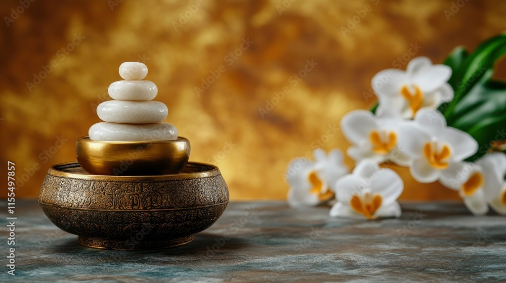 Obraz premium Serene Zen Garden Stacked Stones, Orchids, and Bronze Bowls