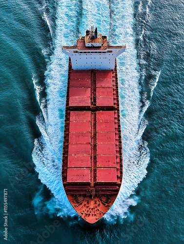 Red Shipping Cargo Ship Approaching Horizon in the Open Sea : Generative AI photo