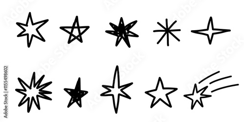 Black white monochrome bright star blinking spark doodle sketch scribble decorative yellow golden vector illustrations set 