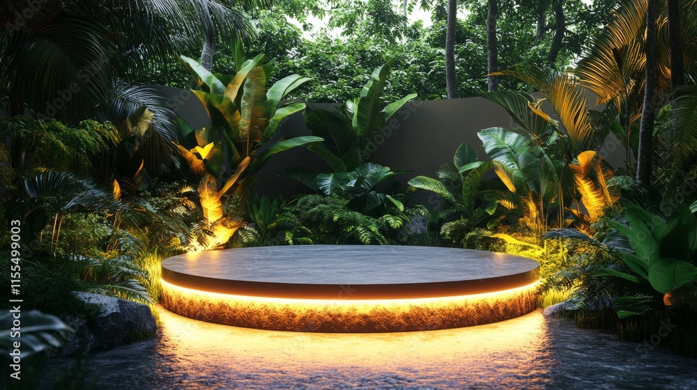 Circular grass podium glowing softly in a tropical paradise setting Circular grass podium glowing softly in a tropical paradise setting