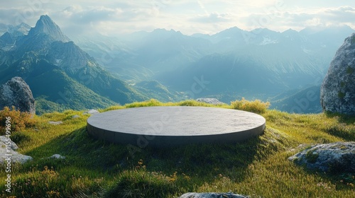 Circular grass podium on a hilltop with a panoramic view of mountains  photo