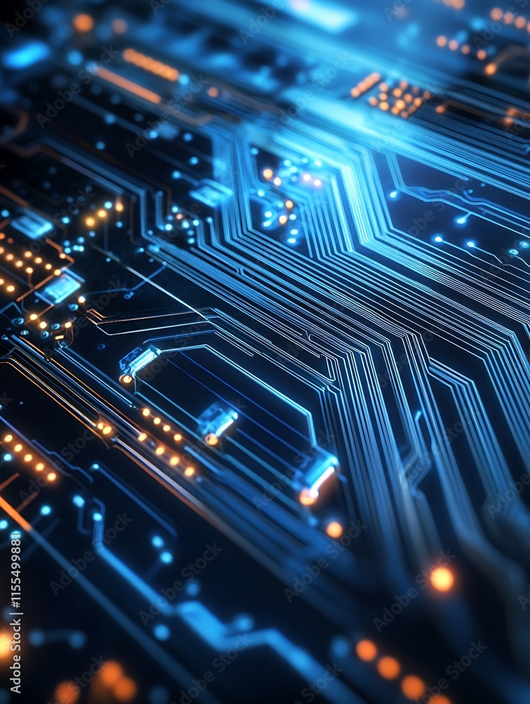 Fototapeta premium Detailed macro view of blue electronic circuits with glowing lines and micro components : Generative AI