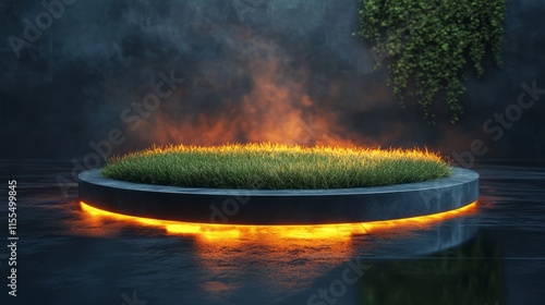 Circular grass podium on a reflective surface with glowing ambient lighting  photo