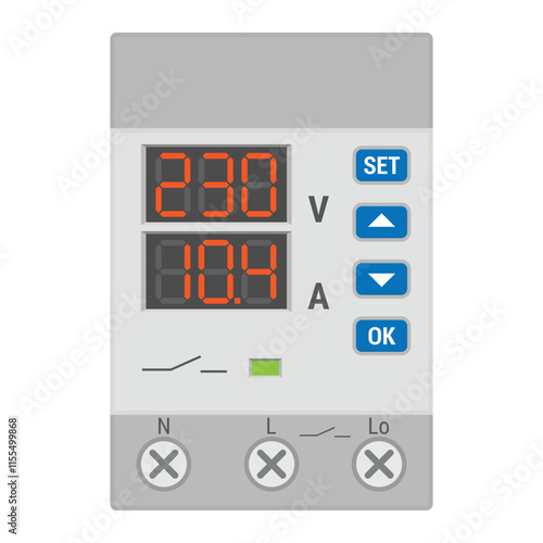 Voltage monitoring relay with a display and control buttons. Vector illustration in flat style