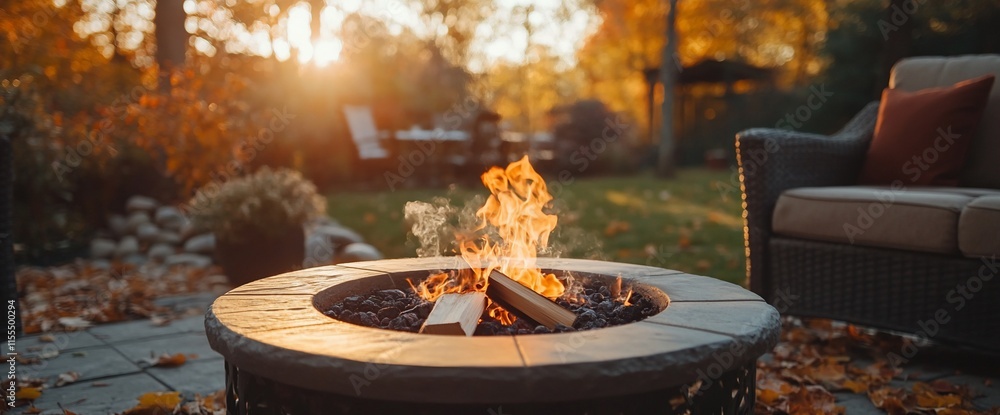 A cozy outdoor fire pit surrounded by autumn foliage during sunset. A cozy outdoor fire pit surrounded by autumn foliage during sunset.