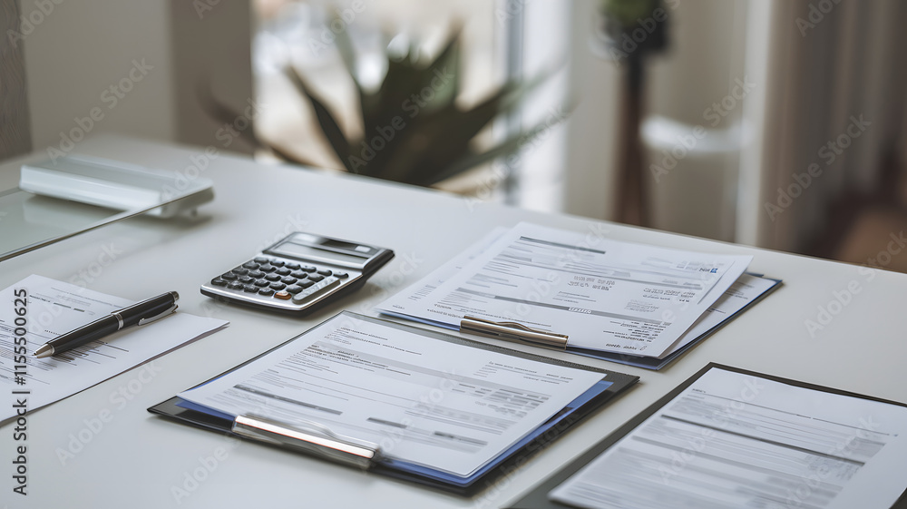 Obraz premium Medical bills paperwork scattered on a desk, symbolizing the financial burden and administrative challenges faced by patients and healthcare providers in managing medical expenses.