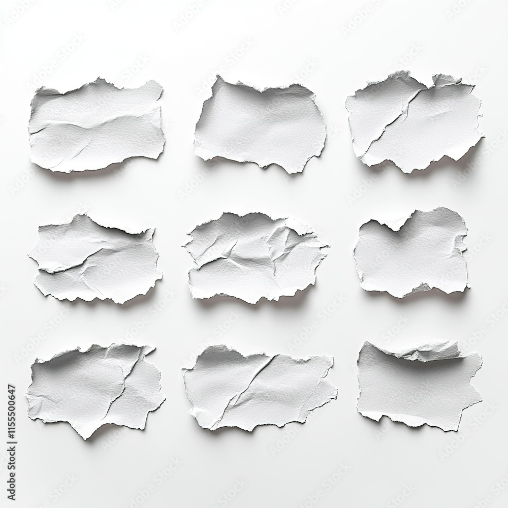 Nine torn white paper pieces on white background. Nine torn white paper pieces on white background.