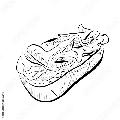 Line drawing. Line art food - bruschetta with cheese, prosciutto . Vector minimalist design