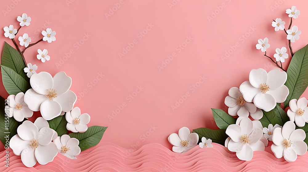 Pink background with white paper flowers and leaves, creating a delicate and elegant spring scene. Pink background with white paper flowers and leaves, creating a delicate and elegant spring scene.