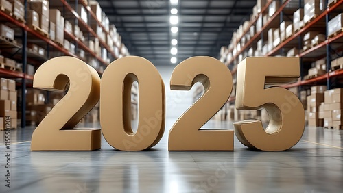 2025 year number standing in retail warehouse with cardboard boxes