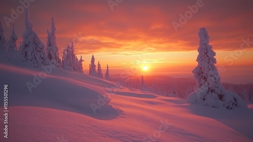 Snowy mountain sunset landscape.