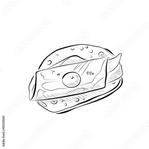 Line drawing. Line art food - bruschetta with cheese, prosciutto, jamon.