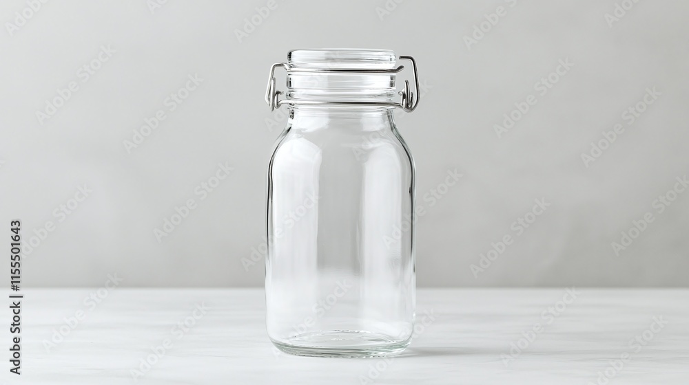 Empty clear glass jar with metal clasp lid on white table. Empty clear glass jar with metal clasp lid on white table.