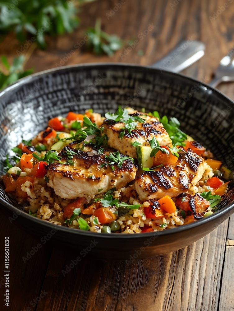 Grilled Chicken Breast with Colorful Vegetable Fried Rice in Rustic Bowl : Generative AI Grilled Chicken Breast with Colorful Vegetable Fried Rice in Rustic Bowl : Generative AI