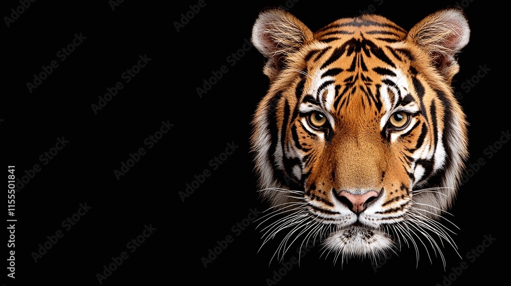 Close-up portrait of a tiger's head against a black background. Close-up portrait of a tiger's head against a black background.