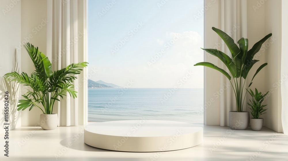 Fototapeta premium A minimalist podium with a light beige background, a window overlooking the sea, and a large blank space for product display.