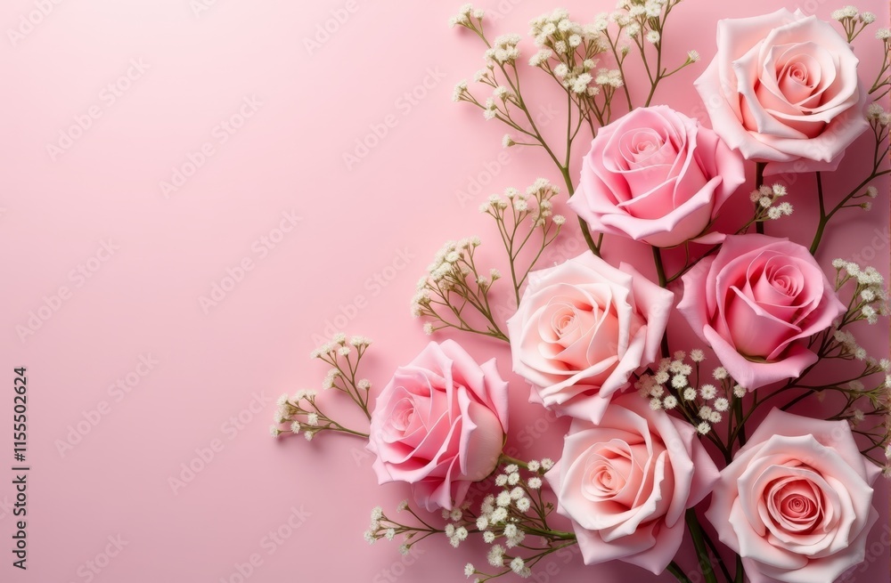 A bunch of pink roses with baby's breath on a pink background A bunch of pink roses with baby's breath on a pink background