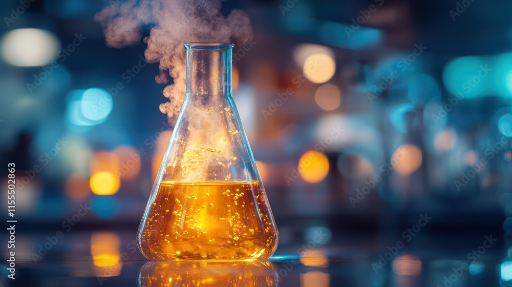 Boiling liquid in Erlenmeyer flask in lab. Boiling liquid in Erlenmeyer flask in lab.