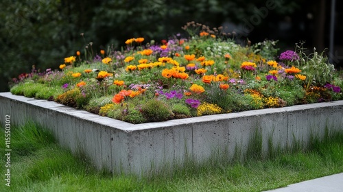 Grass podium with vibrant flowers growing at the base  photo