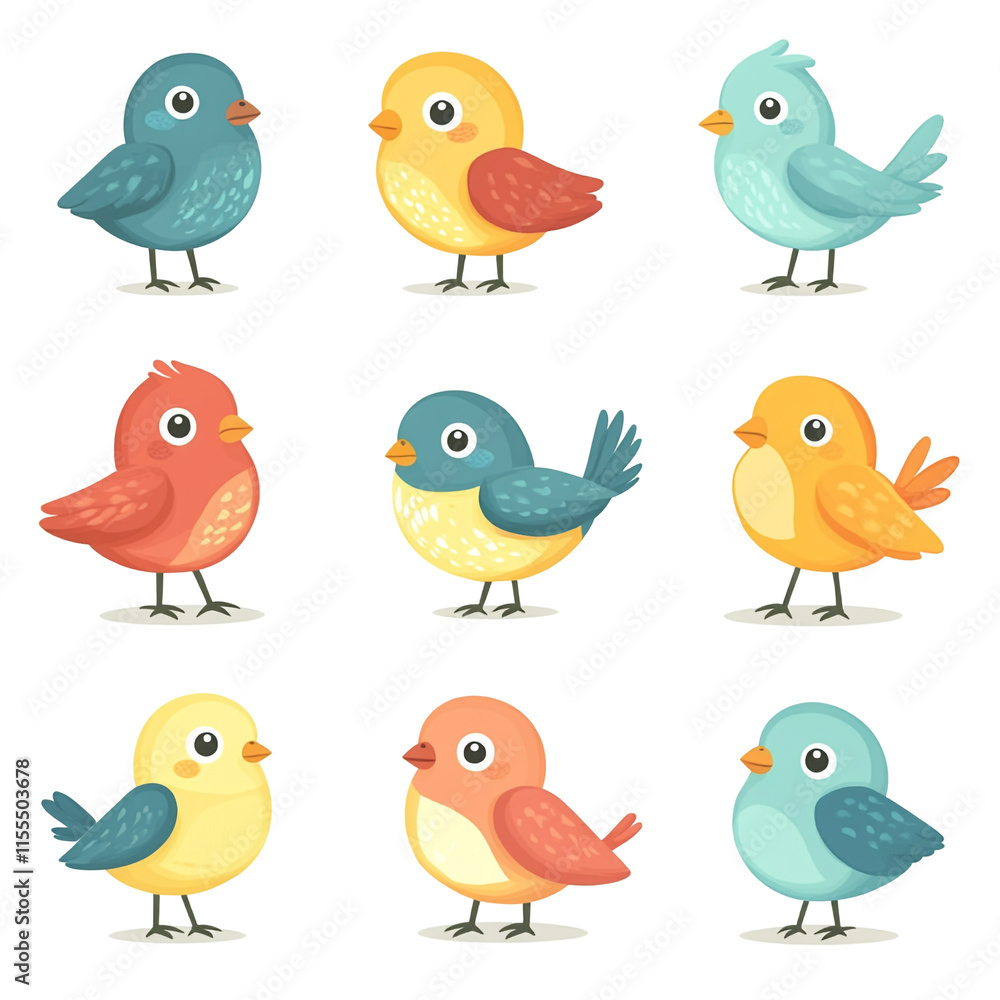 Fototapeta premium Nine Adorable Cartoon Birds Collection