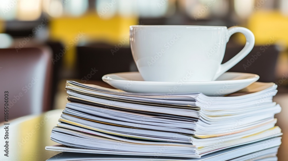 Neatly stacked colorful magazines with a coffee cup on a wooden table in a cozy cafe or home living room, symbolizing relaxation, leisure, reading, and modern lifestyle aesthetics Neatly stacked colorful magazines with a coffee cup on a wooden table in a cozy cafe or home living room, symbolizing relaxation, leisure, reading, and modern lifestyle aesthetics