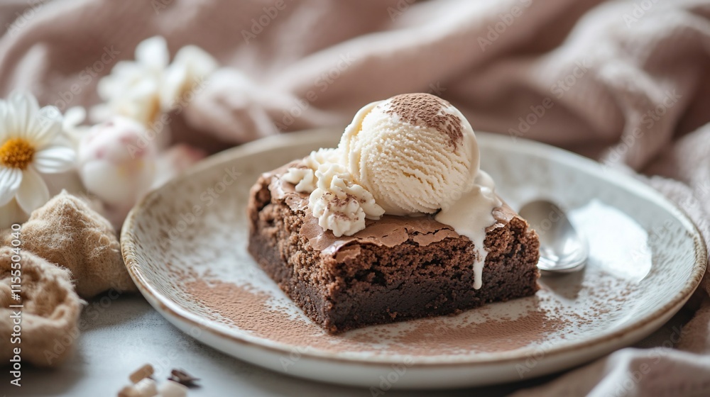 A delicious brownie topped with vanilla ice cream on a decorative plate. A delicious brownie topped with vanilla ice cream on a decorative plate.