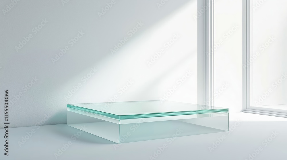 Fototapeta premium A glass table with a window in the background. Background for display your product. Podium mock up for product presentation.