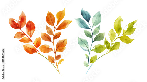 Watercolor illustration of colorful leaves and branches on Transparent Background
