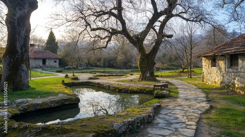 Wallpaper Mural Serene Stone Cottage Garden Path and Pond Torontodigital.ca