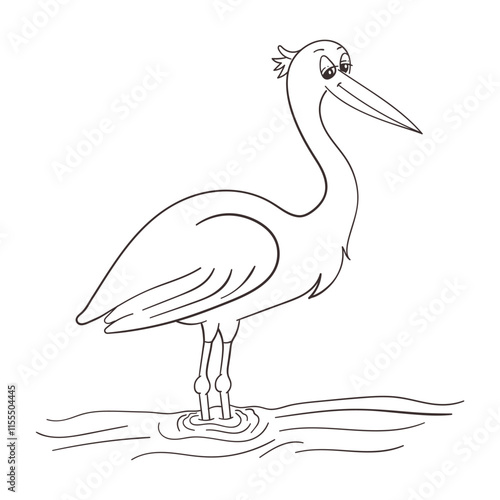 Cartoon Character of Crane in Line Art.