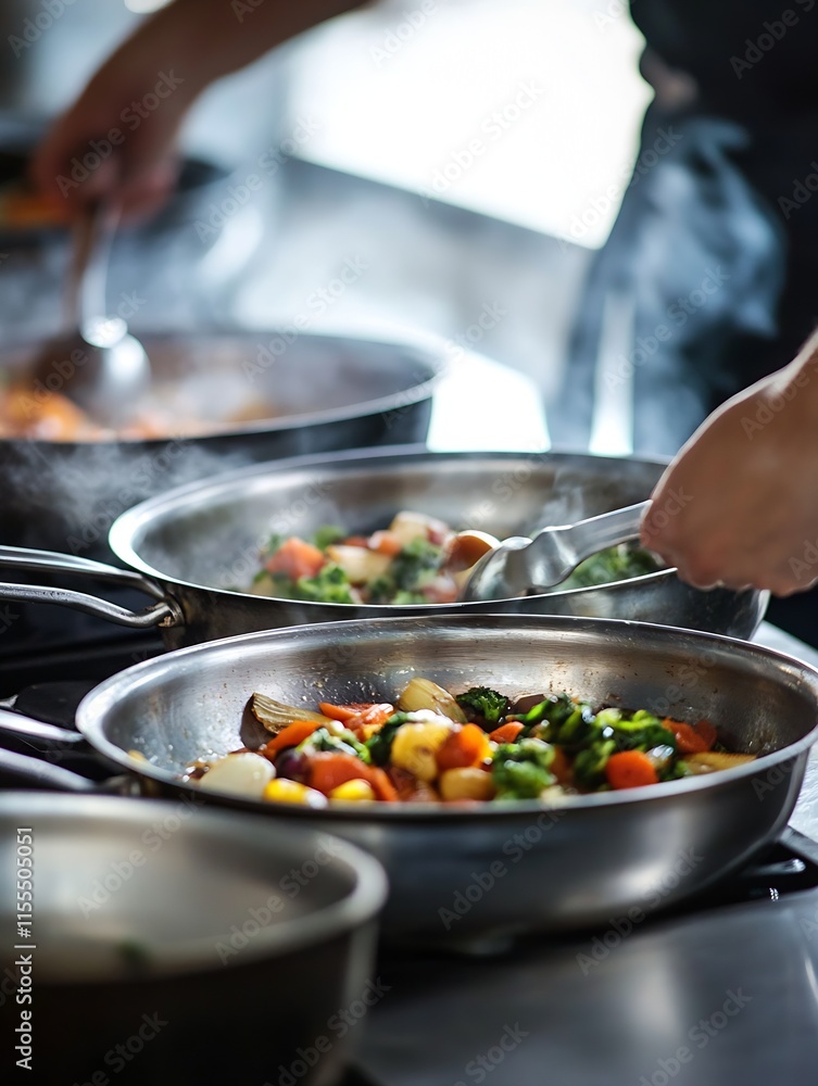 Professional Chef Cooking Fresh Vegetables in a Stainless Steel Pan on a Busy Restaurant Kitchen Stove : Generative AI Professional Chef Cooking Fresh Vegetables in a Stainless Steel Pan on a Busy Restaurant Kitchen Stove : Generative AI