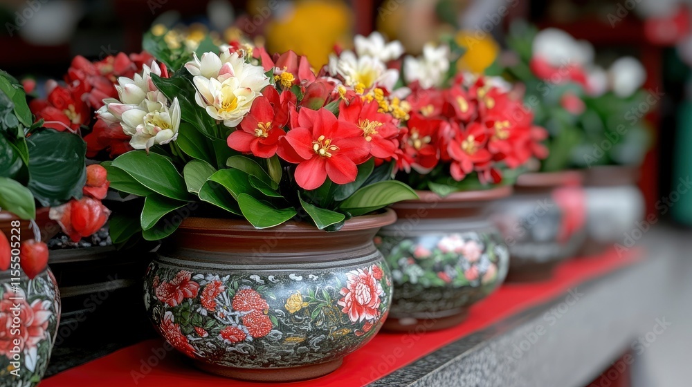 Vibrant Red and White Flowers in Ornate Asian Pots Vibrant Red and White Flowers in Ornate Asian Pots