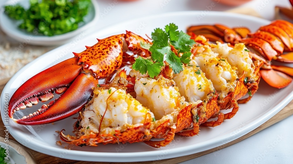 Freshly Cooked Lobster with Herbs and Butter on Elegant Platter Freshly Cooked Lobster with Herbs and Butter on Elegant Platter