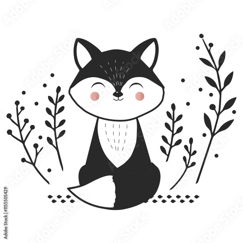 llustration zeigt einen lächelnden Fuchs in einem minimalistischen Stil, umgeben von filigranen Pflanzenmustern. Die monochrome Farbpalette mit sanften Akzenten verleiht dem Motiv einen modernen Stil photo