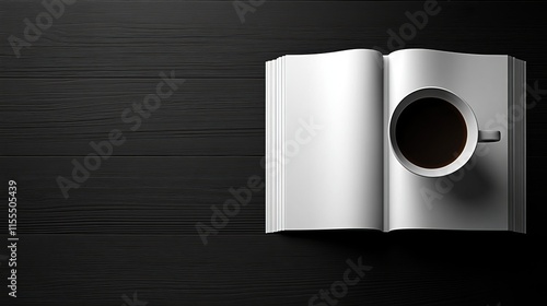 Minimalist mockup of a magazine right-hand page with a steaming cup of coffee on a sleek black wooden desk, emphasizing modern design, branding, and creative concepts photo