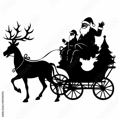 Santa Claus Riding In A Horse Drawn Carriage With Reindeers Black silhouette