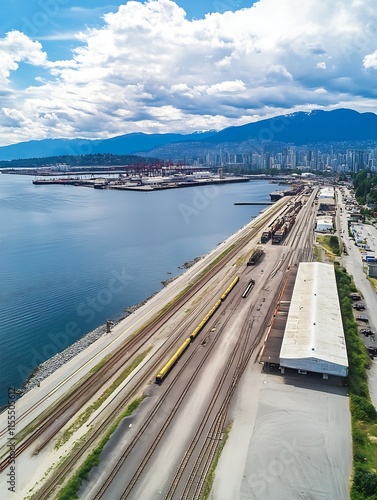 Wallpaper Mural Industrial Port with Railway and Cityscape Background Under Blue Sky and Fluffy Clouds : Generative AI Torontodigital.ca
