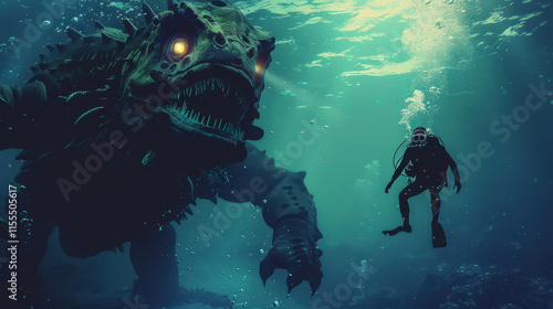 Wallpaper Mural scuba diver in the sea with a scary monster Torontodigital.ca