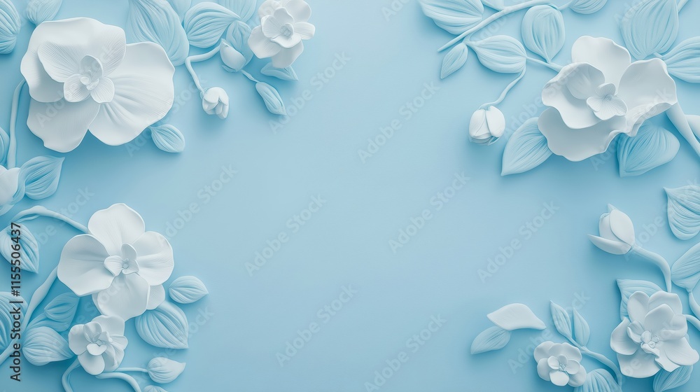 A blue background with white flowers and leaves. Background for display your product. A blue background with white flowers and leaves. Background for display your product.