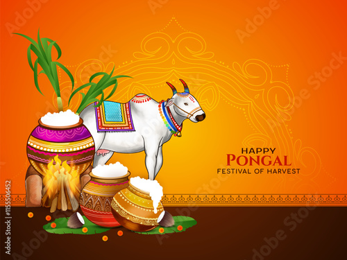 Happy Pongal Indian festival greeting card with rice pot