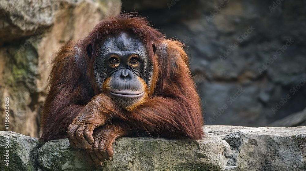 Obraz premium Thoughtful Orangutan Relaxing on Rocks in Natural Habitat : Generative AI