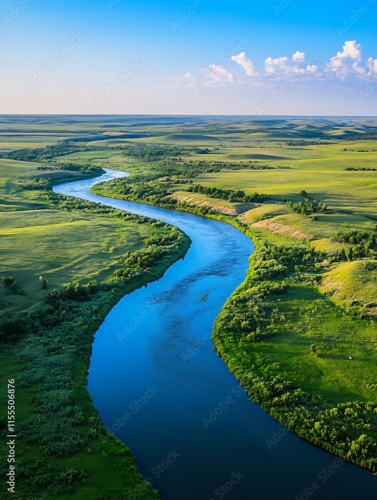 Serene Aerial View of Meandering River Through Lush Green Fields and Blue Sky : Generative AI Serene Aerial View of Meandering River Through Lush Green Fields and Blue Sky : Generative AI
