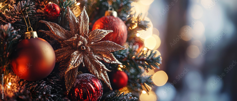 Fototapeta premium Christmas background with fir branches, red baubles,berries, glowing lights,cones,festive ribbons. Magical holidays mockup. Banner for seasonal celebrations. Generative ai 