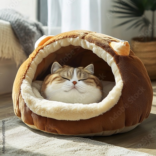 Happy cat sleeping in cozy cave bed. photo