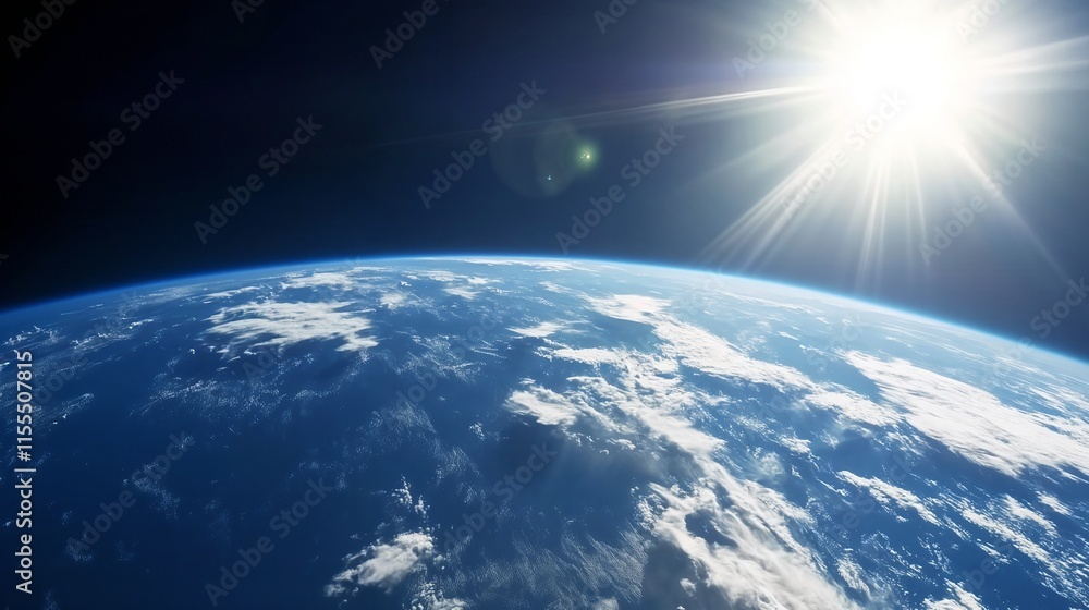 View of Earth from space with the sun shining brightly View of Earth from space with the sun shining brightly