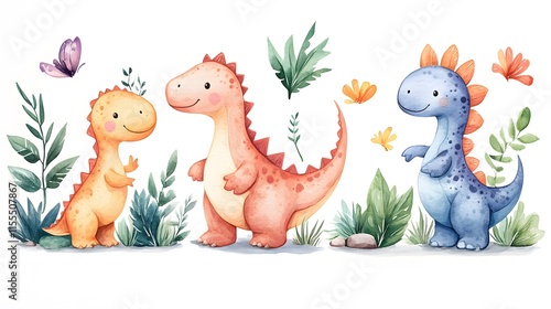 Watercolor illustration of three adorable dinosaurs in orange, red, and blue surrounded by butterflies, leaves, and greenery photo